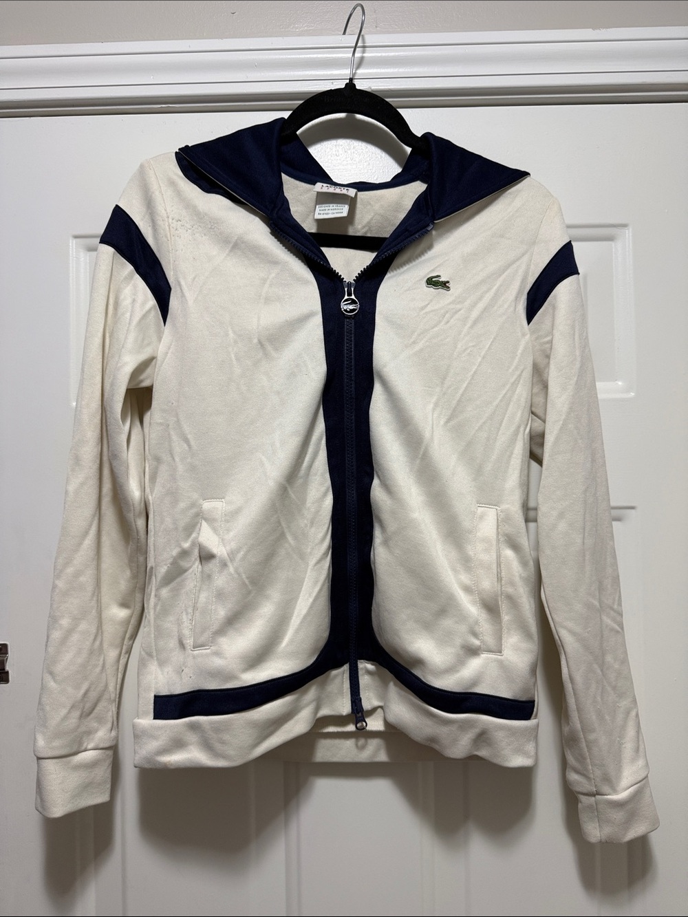 Lacoste Cream and Navy Hooded Zip-Up Varsity Jacket